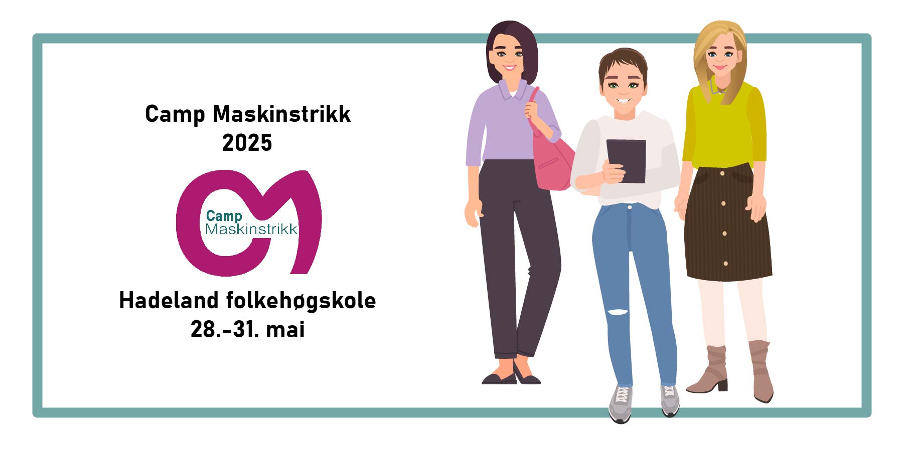 Oppslag med Camp Maskinstrikk 2025 og avtarer av tre damer